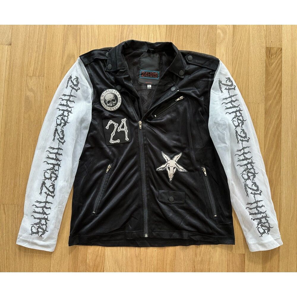 24HRS Punk Biker Jacket Black White Mesh Sleeves Graphic Patches size M Grunge